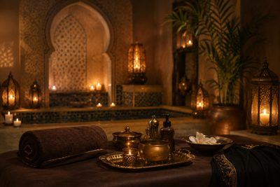 Moroccan bath and massage ritual setup with towels and candles, Body Sky Cluster U